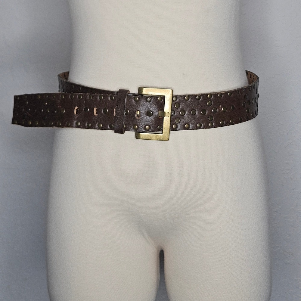Perry Ellis Women's Brown Studded Leather Belt Antique Brass Buckle Boho Large‎